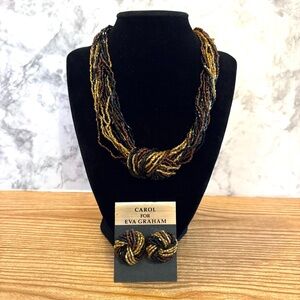 Vintage Carol for Eva Graham Beaded Necklace and Earring Set Black and Brown
